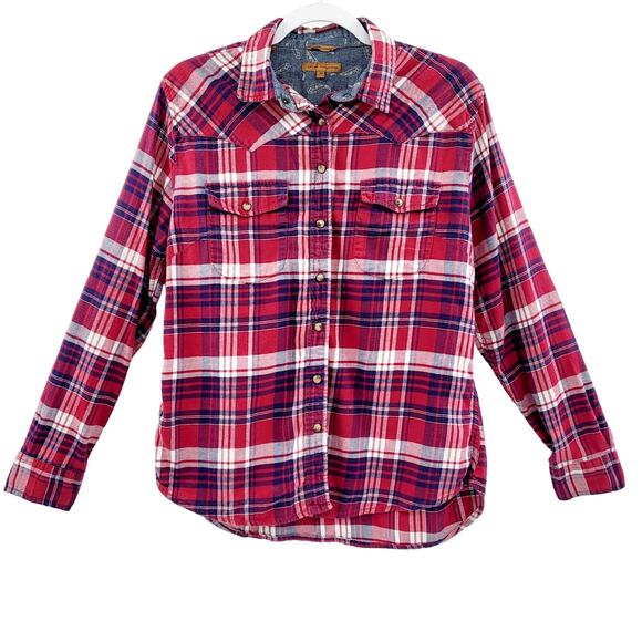 Jachs Girlfriend Red Blue and White Button Up Long Sleeve Plaid Shirt Women’s M - Picture 1 of 7